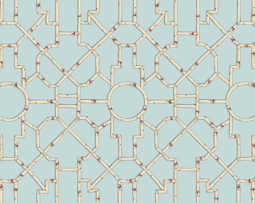 Baldwin Bamboo Cream & Red On Aqua SCWP81630D0004 by Scalamandre Designer Wallpaper