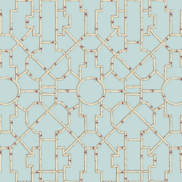 Baldwin Bamboo/Cream & Red On Aqua Sc 0004Wp81630 by Scalamandre
 Wallpaper USA Horizontal: 55.5" and Vertical: 27" 27" - Fabric Carolina -