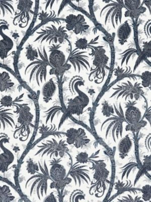 Balinese Peacock Linen Print Indigo SC165750005 by Scalamandre Designer Fabric ORIANA 67% LINEN 33% COTTON FRANCE LIGHT DUTY Horizontal: 21.625" and Vertical: 28.5" 57 - Swanky Fabrics -