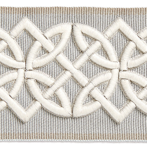 Celtic Embroidered Tape/Silver Grey Sc 0005T3282 by Scalamandre
 Trim HAMPTONS TRIMMINGS 40% POLYESTER 32% VISCOSE 28% ACRYLIC CHINA LIGHT DUTY Horizontal: 1.875" and Vertical: 2.75" - Fabric Carolina -
