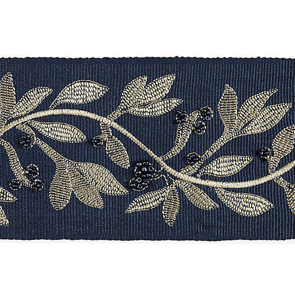 Laurel Embroidered Tape/Indigo Sc 0005T3292 by Scalamandre
 Trim MODERN LUXURY 50% VISCOSE 35% GLASS 15% METALLIC INDIA LIGHT DUTY Horizontal: 7.5" and Vertical: 3.75" - Fabric Carolina -