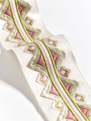 Flamme Embroidered Tape Pink And Green SCT33350005 by Scalamandre Trim THE METROPOLITAN MUSEUM OF ART 56% VISCOSE 30% SILK 14% COTTON INDIA LIGHT DUTY Horizontal: 1.75" and Vertical: 0" 3 - Fabric Carolina -