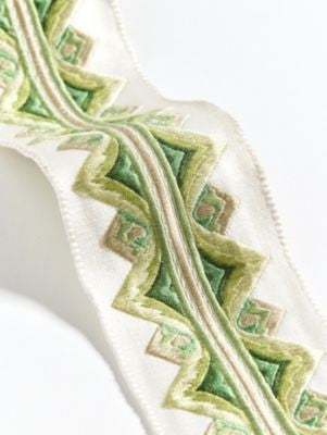 Flamme Embroidered Tape Jade SCT33350006 by Scalamandre Trim THE METROPOLITAN MUSEUM OF ART 56% VISCOSE 30% SILK 14% COTTON INDIA LIGHT DUTY Horizontal: 1.75" and Vertical: 0" 3 - Fabric Carolina -