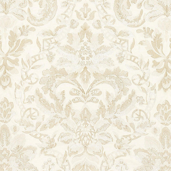 Elizabeth Damask Embroidery/Alabaster 27086-001 by Scalamandre Fabric MERCHANTE 16% SPUN POLYESTER|36% VISCOSE 29% LINEN 19% COTTON INDIA LIGHT DUTY Horizontal: 31.5" and Vertical: 25.625" 51" - Fabric Carolina -