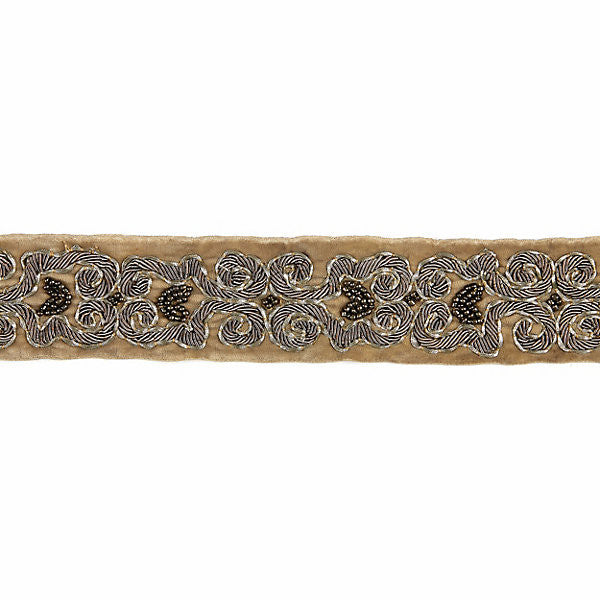 Zardozi Velvet Tape/Fawn & Silver T3290-001 by Scalamandre Trim Trim MODERN LUXURY STOCKED AT 80% METALLIC;20% VISCOSE INDIA LIGHT DUTY Horizontal: 4.125" and Vertical: 1.75" - Fabric Carolina -