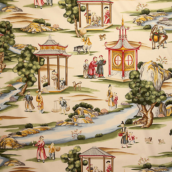 Shanghai/Multi On Tea Stain 16264-002 by Scalamandre Designer Fabric SCALAMANDRE WAREHOUSE 100% COTTON ITALY LIGHT DUTY Horizontal: 39" and Vertical: 51" 54.5" - Swanky Fabrics -