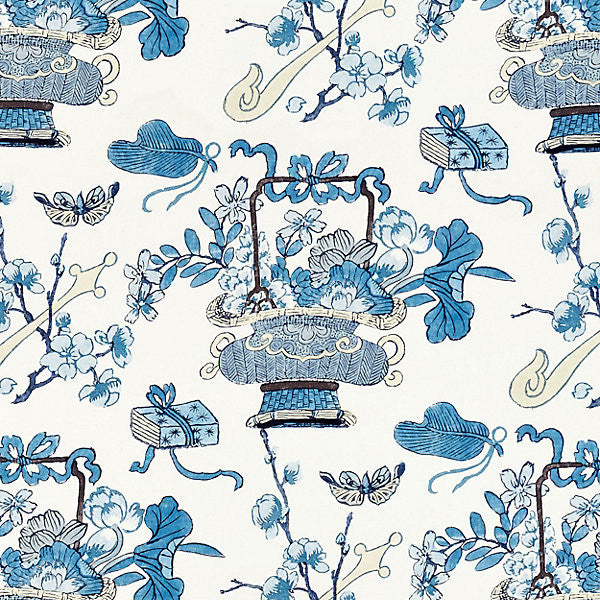 Shanghai Blossoms/China Blue 16591-002 by Scalamandre Fabric SCALAMANDRE WAREHOUSE 55% LINEN 45% COTTON ITALY LIGHT DUTY Horizontal: 26.25" and Vertical: 13.5" 55" - Fabric Carolina -