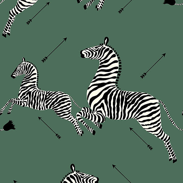 Zebras - Wallpaper/Serengeti Green WP81388M-004 by Scalamandre Wallpaper USA Horizontal: 37.5" and Vertical: 26" 26" - Fabric Carolina -