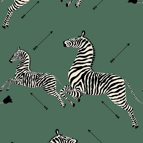 Zebras - Wallpaper/Serengeti Green WP81388M-004 by Scalamandre Wallpaper USA Horizontal: 37.5" and Vertical: 26" 26" - Fabric Carolina -