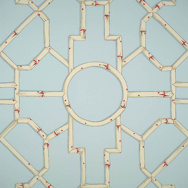 Baldwin Bamboo/Cream & Red On Aqua Wp81630-004 by Scalamandre Wallpaper STOCKED AT SCALAMANDRE WAREHOUSE USA Horizontal: 55.5" and Vertical: 27" 27" - Fabric Carolina -