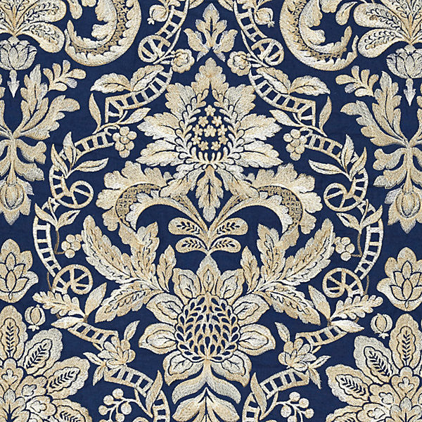 Elizabeth Damask Embroidery Indigo by Scalamandre
 Fabric Scalamandre
 Fabric Elizabeth Damask Embroidery IndigoFabric MERCHANTE 16% SPUN POLYESTER|36% VISCOSE 29% LINEN 19% COTTON INDIA </p><p>Repeat: H: 31.5", V: 25.625" 51" - Fabric Carolina -
