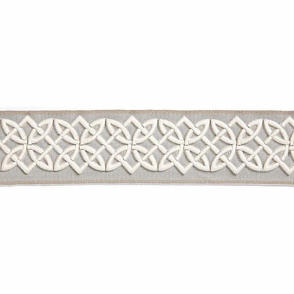 Celtic Embroidered Tape/Silver Grey T3282-005 by Scalamandre Trim Trim SCALAMANDRE WAREHOUSE 40% POLYESTER 32% VISCOSE 28% ACRYLIC CHINA LIGHT DUTY Horizontal: 1.875" and Vertical: 2.75" - Fabric Carolina -