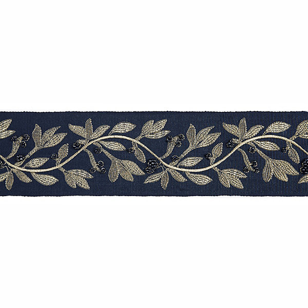 Laurel Embroidered Tape/Indigo T3292-005 by Scalamandre Trim Trim MODERN LUXURY STOCKED AT 50% VISCOSE;35% GLASS;15% METALLIC INDIA LIGHT DUTY Horizontal: 7.5" and Vertical: 3.75" - Fabric Carolina -