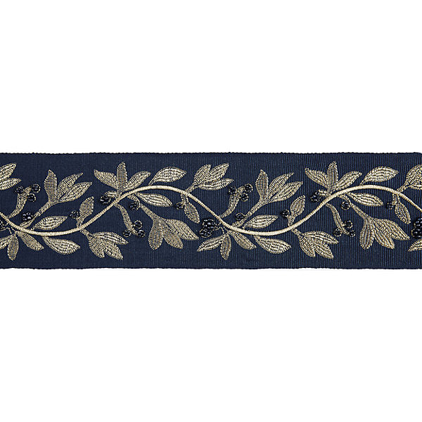 Laurel Embroidered Tape/Indigo T3292-005 by Scalamandre Trim Trim MODERN LUXURY 50% VISCOSE 35% GLASS 15% METALLIC INDIA LIGHT DUTY Horizontal: 7.5" and Vertical: 3.75" - Fabric Carolina -