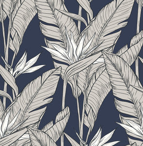 Birds of Paradise Navy Blue & Metallic Pewter by Seabrook Wallpaper