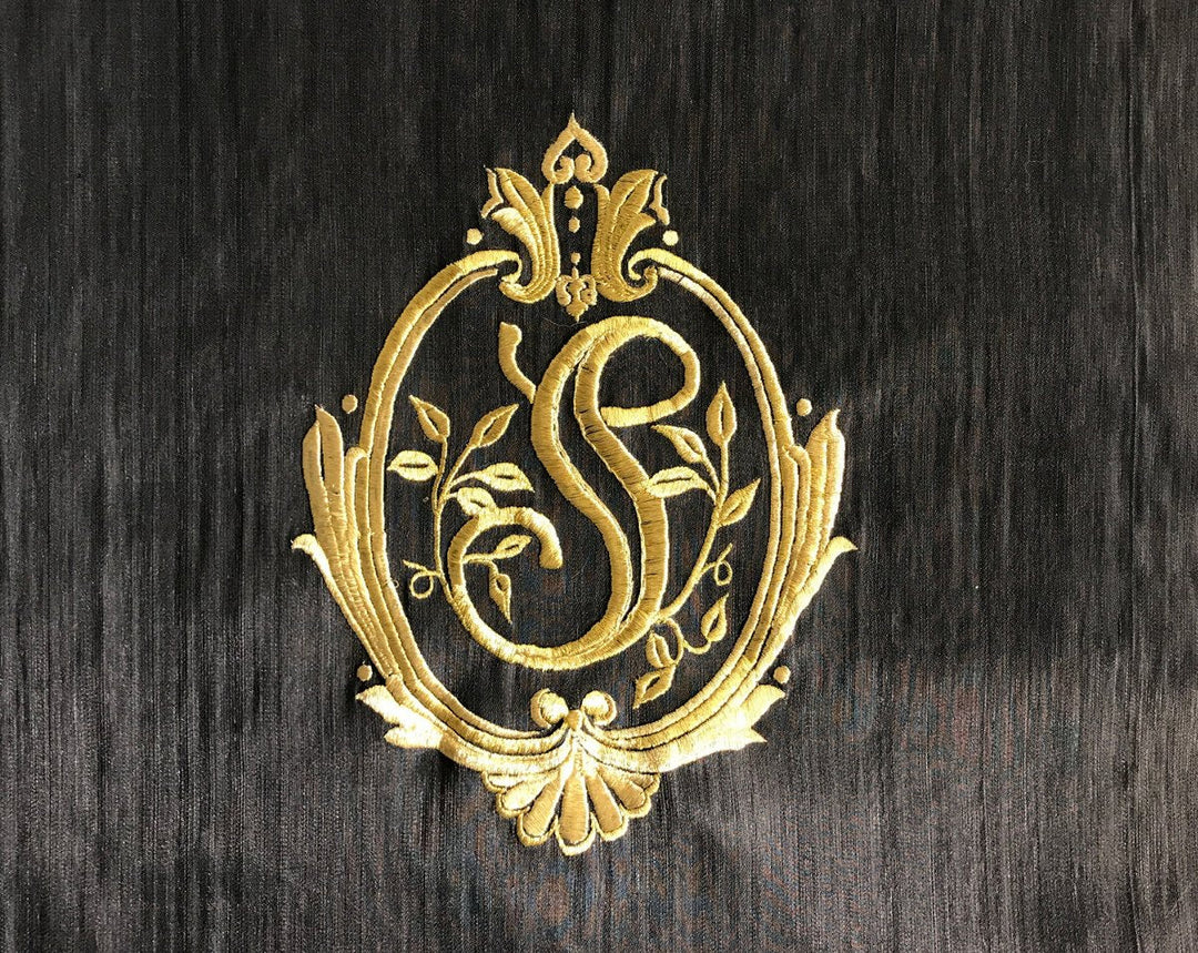 Monogram Embroidered Horsehair 1 Initial - Gold On Black SKEMB20002 by Old World Weavers Designer Fabric