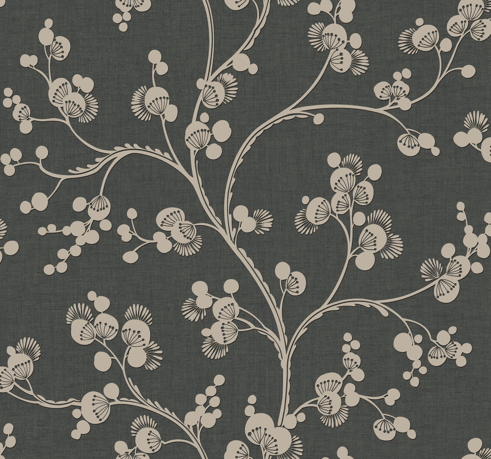 Dahlia Trail Black & Taupe Wallpaper by Inspired by Color Black & White, III Covers about 60.8 square feet 27-in by 27-ft long roll Prepasted 25.25 - Fabric Carolina -