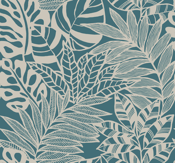 Jungle Leaves Teal Wallpaper by York Wallcoverings Silhouettes Covers about 60.8 square feet 27-in by 27-ft long roll Unpasted 25.25 - Fabric Carolina -