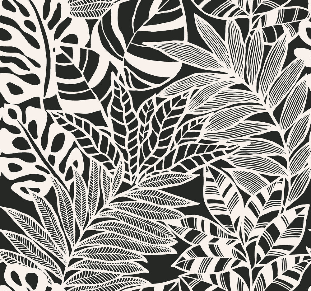 Jungle Leaves Black & White Wallpaper by York Wallcoverings Silhouettes Covers about 60.8 square feet 27-in by 27-ft long roll Unpasted 25.25 - Fabric Carolina -