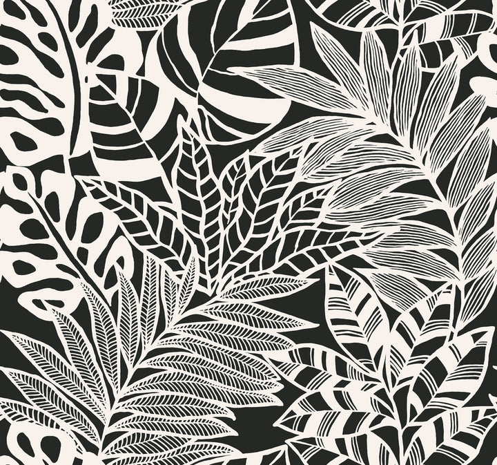 Jungle Leaves Black & White Wallpaper by York Wallcoverings Silhouettes Covers about 60.8 square feet 27-in by 27-ft long roll Unpasted 25.25 - Fabric Carolina -