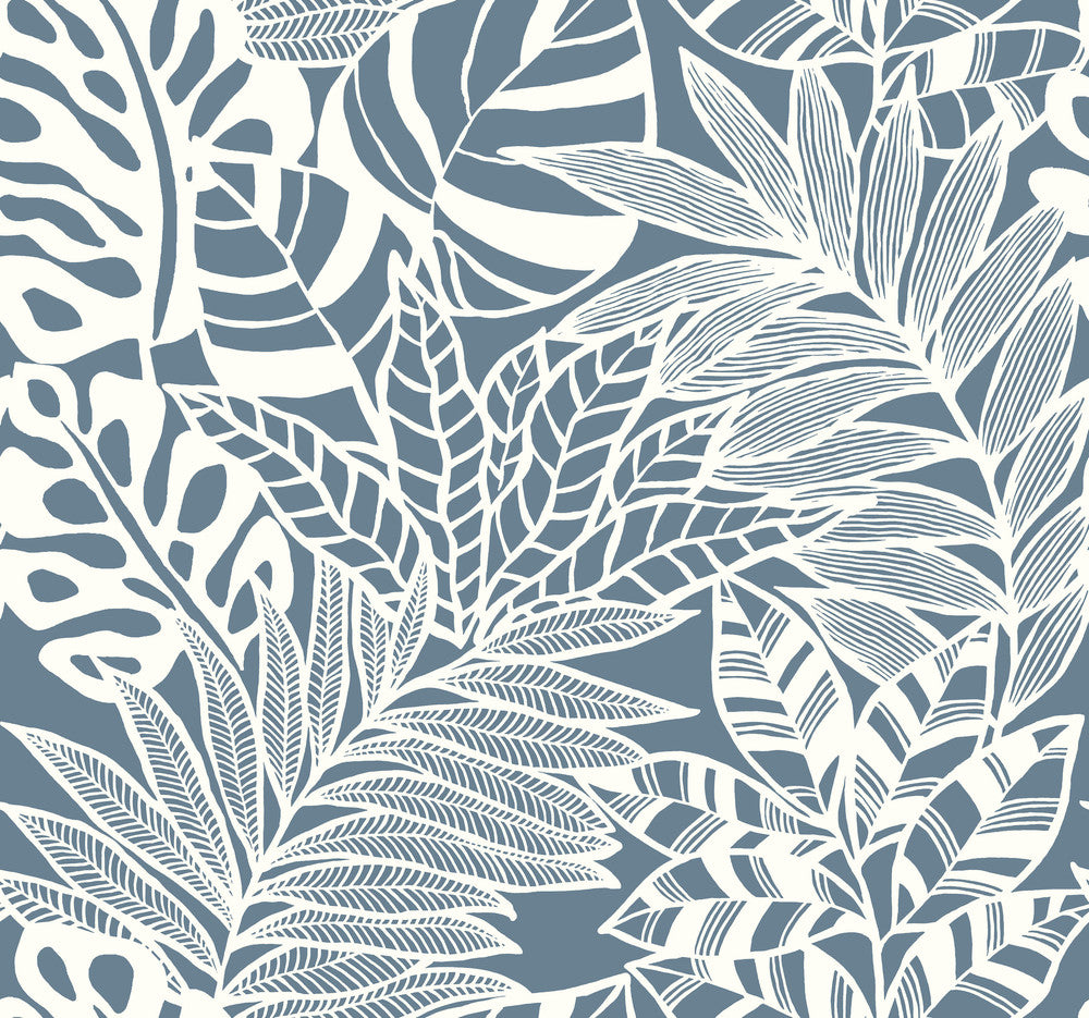 Jungle Leaves Blue Wallpaper by York Wallcoverings Silhouettes Covers about 60.8 square feet 27-in by 27-ft long roll Unpasted 25.25 - Fabric Carolina -