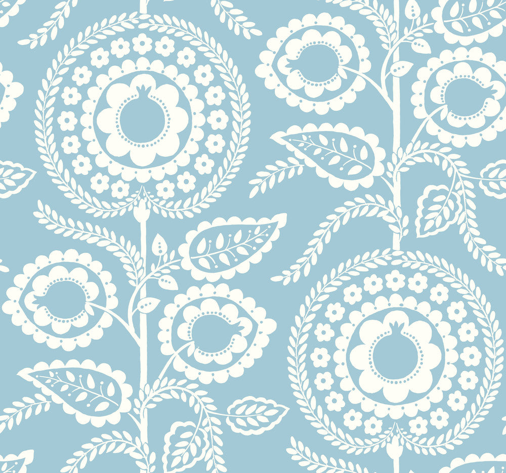 Pomegranate Bloom Blue Wallpaper by York Wallcoverings Silhouettes Covers about 60.8 square feet 27-in by 27-ft long roll Prepasted 25.25 - Fabric Carolina -