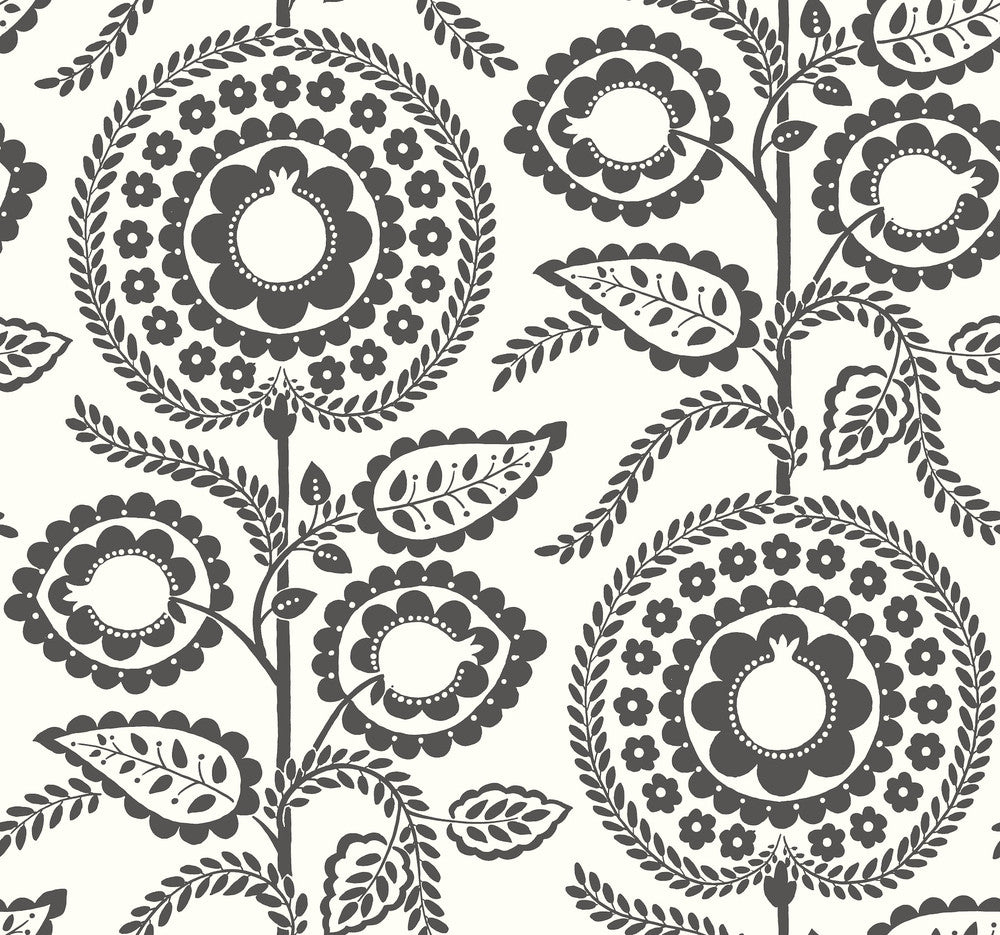 Pomegranate Bloom Black & White Wallpaper by York Wallcoverings Silhouettes Covers about 60.8 square feet 27-in by 27-ft long roll Prepasted 25.25 - Fabric Carolina -