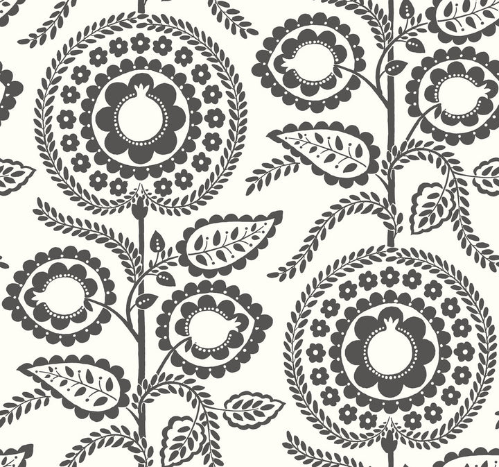Pomegranate Bloom Black & White Wallpaper by York Wallcoverings Silhouettes Covers about 60.8 square feet 27-in by 27-ft long roll Prepasted 25.25 - Fabric Carolina -