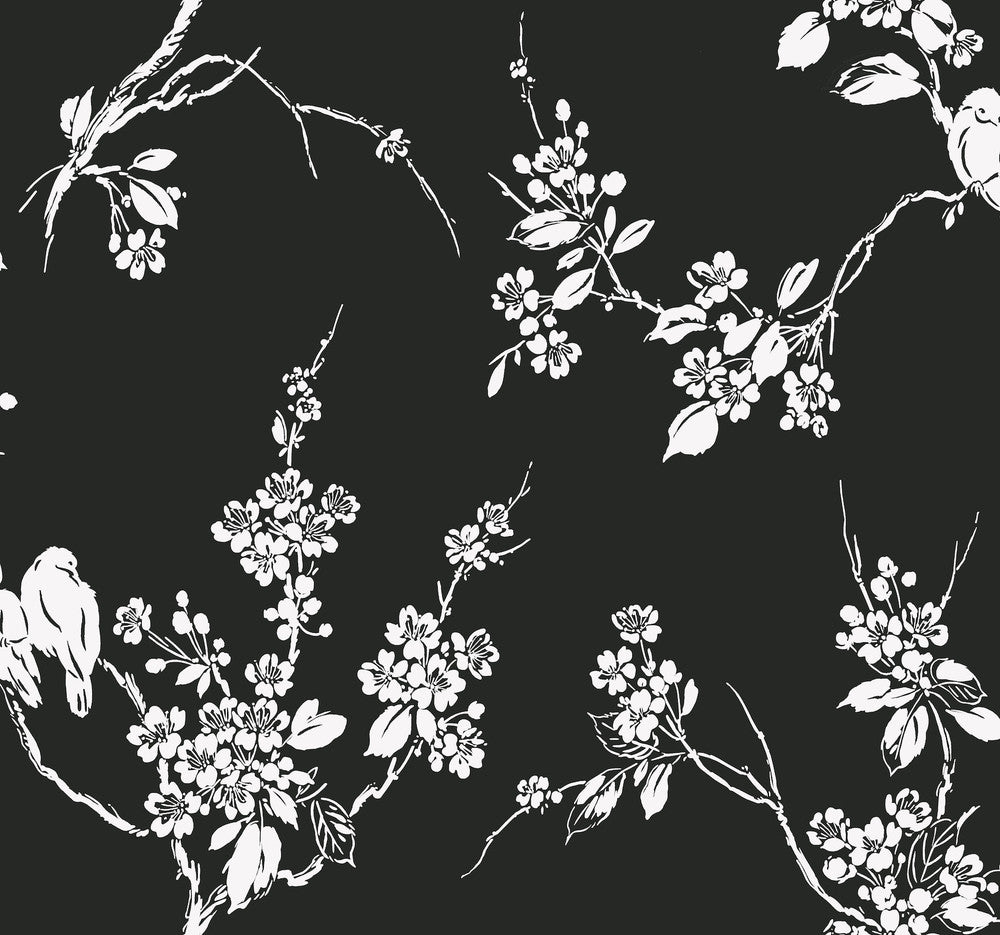 Imperial Blossoms Branch Black & White Wallpaper by Inspired by Color Black & White, III Covers about 60.8 square feet 27-in by 27-ft long roll Prepasted 25.25 - Fabric Carolina -