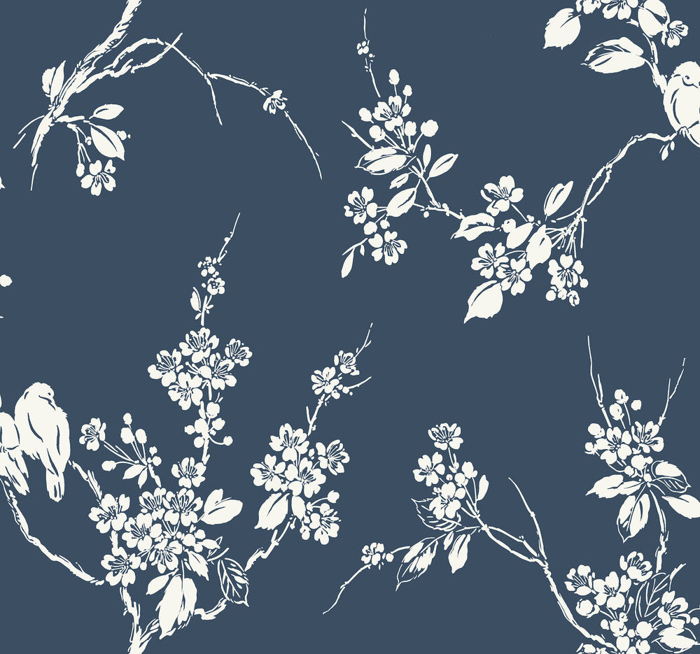Imperial Blossoms Branch Navy Wallpaper by Inspired by Color Blues II Covers about 60.8 square feet 27-in by 27-ft long roll Prepasted 25.25 - Fabric Carolina -