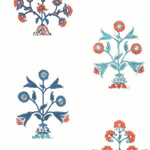 Indian Flower Coral and Blue T10669 by Thibaut Wallpaper