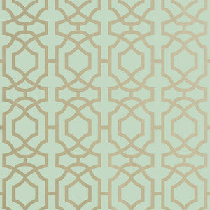 Alston Trellis Metallic Gold on Seaglass T13031 by Thibaut Wallpaper