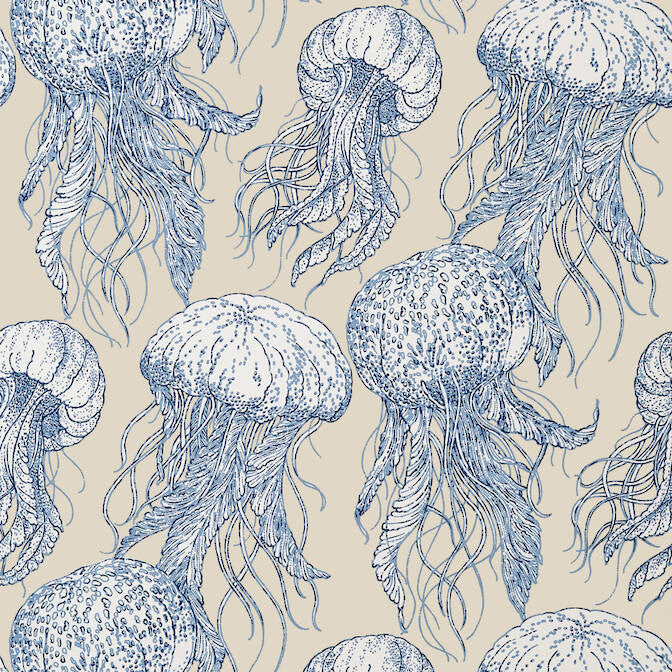 Jelly Fish Bloom Blue and Beige T13168 by Thibaut Wallpaper Thibaut Wallpaper Jelly Fish Bloom Blue and Beige T13168Wallpaper Summer House Wallpaper U.S.A. </p><p>Repeat: V: 25.25 27 - Fabric Carolina -