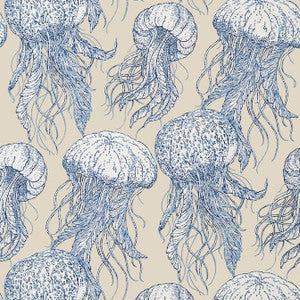 Jelly Fish Bloom Blue and Beige T13168 by Thibaut Wallpaper