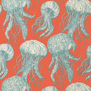 Jelly Fish Bloom Coral and Turquoise T13172 by Thibaut Wallpaper