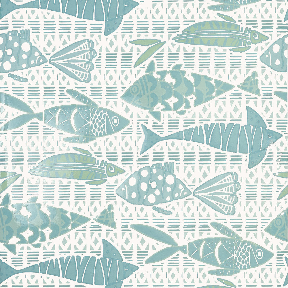 Thibaut Wallpaper Batik Fish Spa Blue T15871  Wallpaper Non Woven Wallpaper  U.S.A </p><p>Repeat: H: , V: 25.25  (64.14 cm) 27 in  (68.58 cm) - My Fabric Connection -
