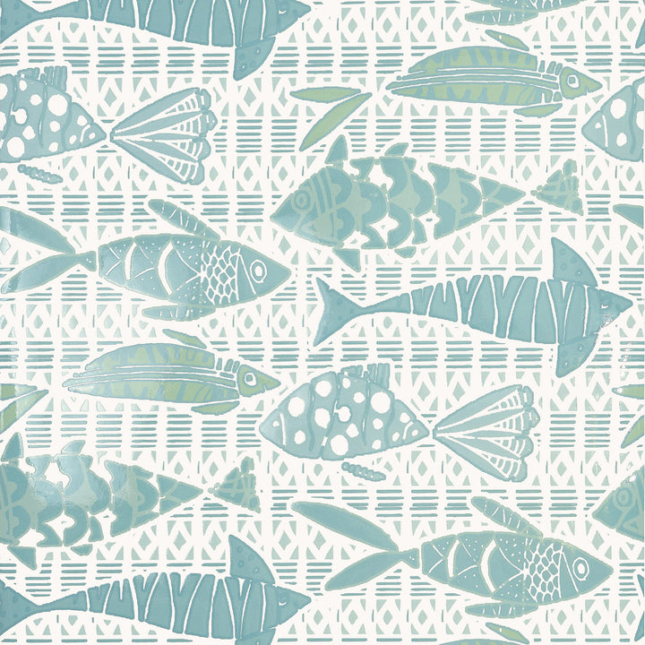 Thibaut Wallpaper Batik Fish Spa Blue T15871  Wallpaper Non Woven Wallpaper  U.S.A </p><p>Repeat: H: , V: 25.25  (64.14 cm) 27 in  (68.58 cm) - My Fabric Connection -