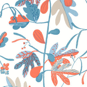 Matisse Leaf French Blue and Coral T16207 by Thibaut Wallpaper