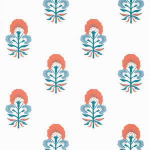 Tybee Bud French Blue and Coral T16213 by Thibaut Wallpaper