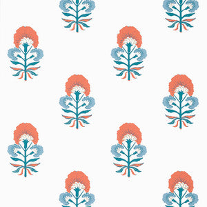 Tybee Bud French Blue and Coral T16213 by Thibaut Wallpaper