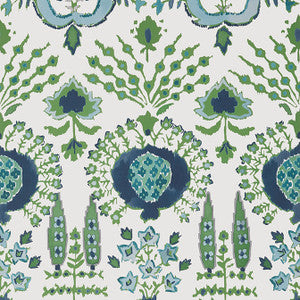 Mendoza Suzani Blue and Green on White T16240 by Thibaut Wallpaper