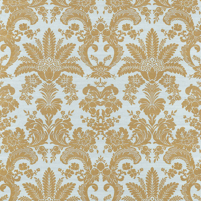 West Indies Damask Metallic Gold on Aqua T3629 by Thibaut Wallpaper Thibaut Wallpaper West Indies Damask Metallic Gold on Aqua T3629Wallpaper Grasscloth Resource 2 Printed Sisal CHINA </p><p>Repeat: V: 24 36 - Fabric Carolina -