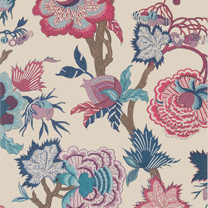 Indienne Jacobean Raspberry and Blue on Natural T36419 by Thibaut Wallpaper