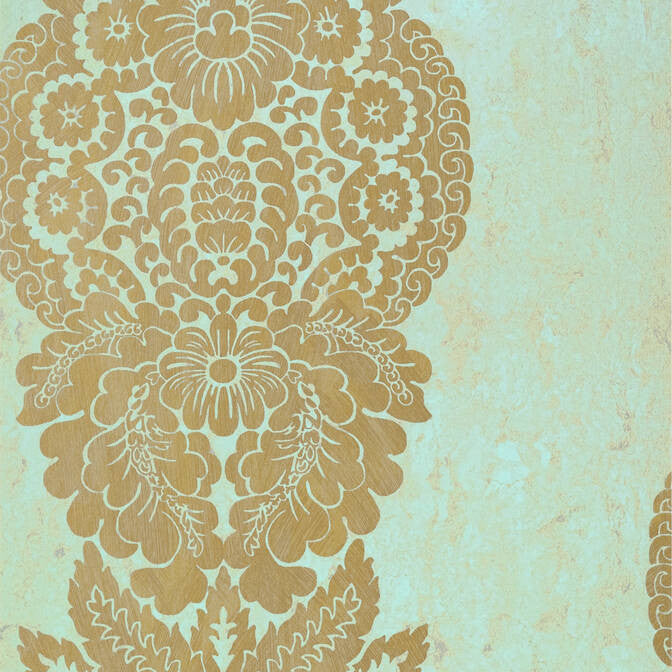Rowan Damask Metallic Gold on Aqua T89130 by Thibaut Wallpaper Thibaut Wallpaper Rowan Damask Metallic Gold on Aqua T89130Wallpaper Damask Resource 4 Non Woven Wallpaper UNITED KINGDOM </p><p>Repeat: V: 25 20.5 - Fabric Carolina -