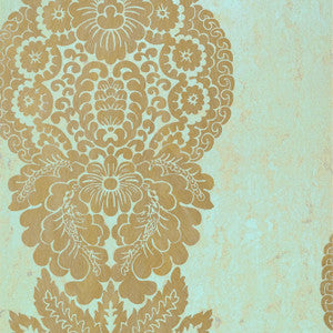 Rowan Damask Metallic Gold on Aqua T89130 by Thibaut Wallpaper