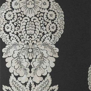 Rowan Damask Metallic Silver on Black T89132 by Thibaut Wallpaper
