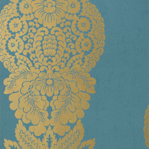 Rowan Damask Metallic Gold on Peacock T89133 by Thibaut Wallpaper