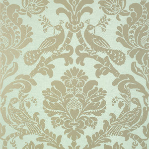 Passaro Damask Metallic Pewter on Seafoam T89137 by Thibaut Wallpaper