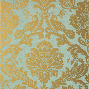 Passaro Damask Metallic Gold on Aqua T89141 by Thibaut Wallpaper