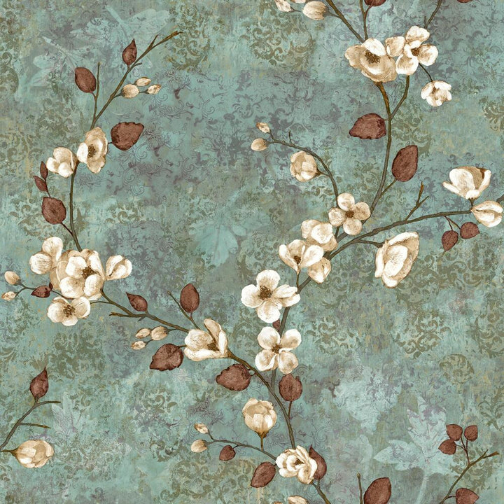 Dogwood Teal & Dark Brown Wallpaper by York Wallcoverings Charlotte Covers about 56.4 square feet 20.5-in by 33-ft long roll Unpasted 20.5 - Fabric Carolina -
